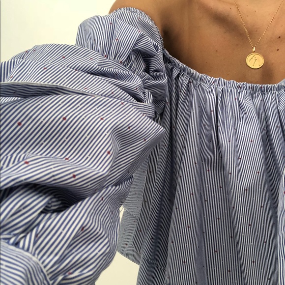 Off The Shoulder Stripe Top w Balloon Sleeves - Picture 7 of 7